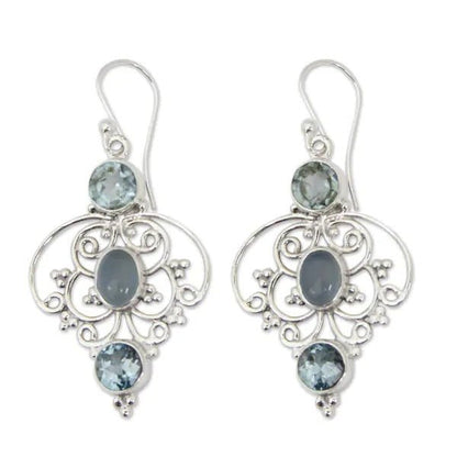 Women's Vintage Thai Silver Blue Three Diamond Earrings-Jewearrings