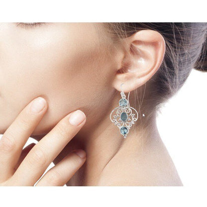 Women's Vintage Thai Silver Blue Three Diamond Earrings-Jewearrings