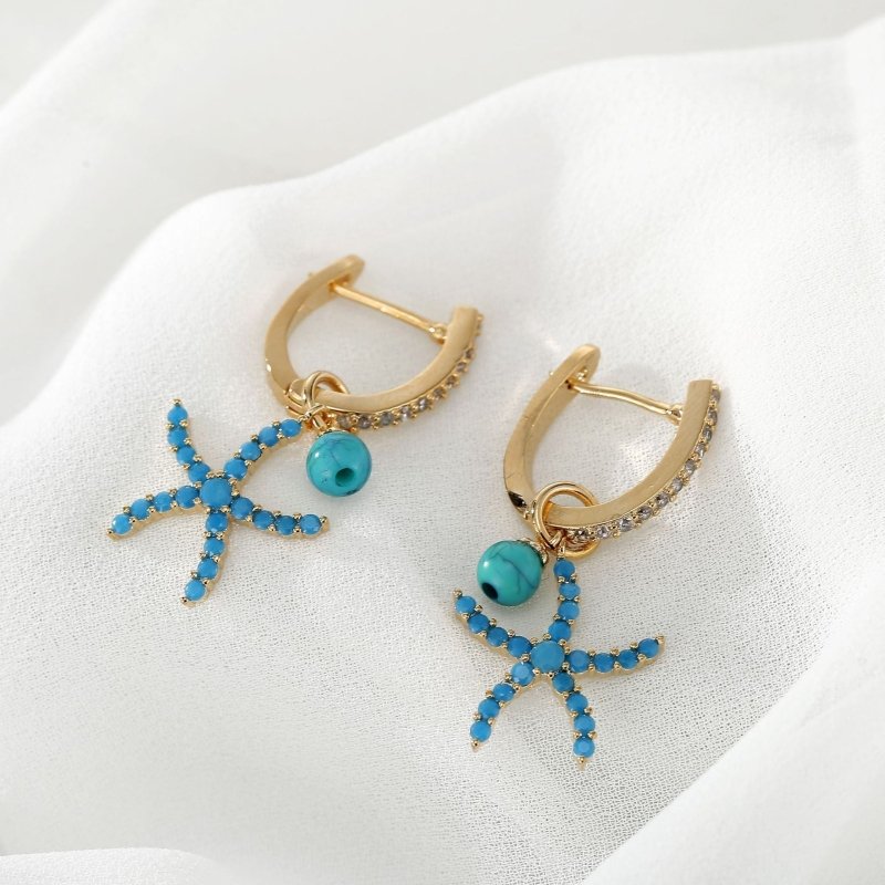 Zircon Blue Starfish Earrings Ear Buckle Women Fashion Simple-Jewearrings