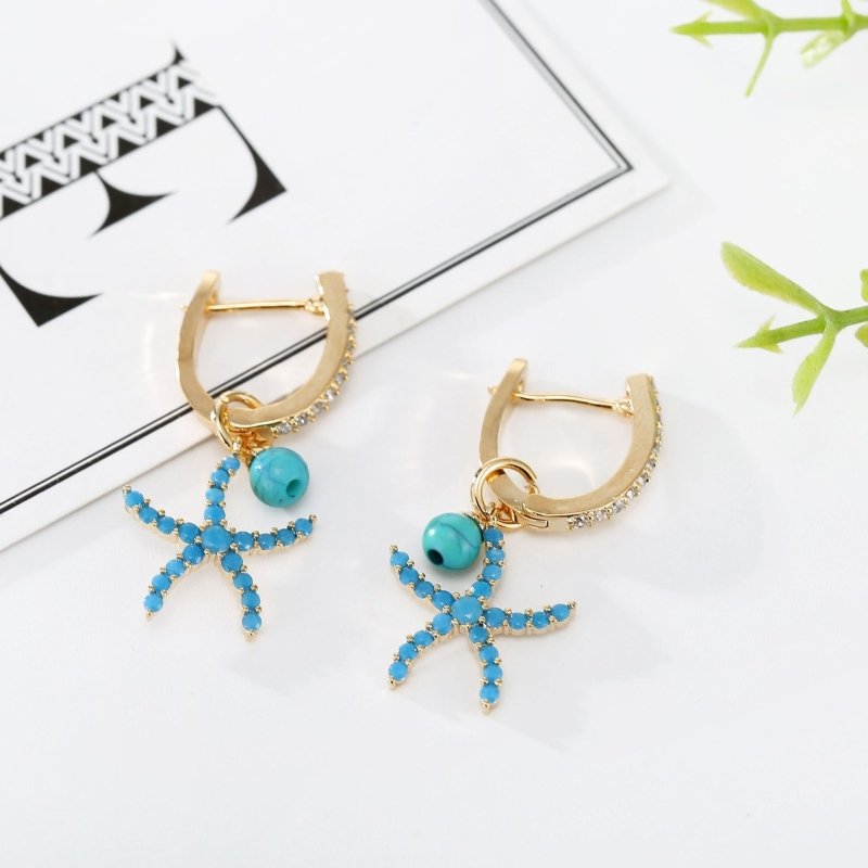 Zircon Blue Starfish Earrings Ear Buckle Women Fashion Simple-Jewearrings