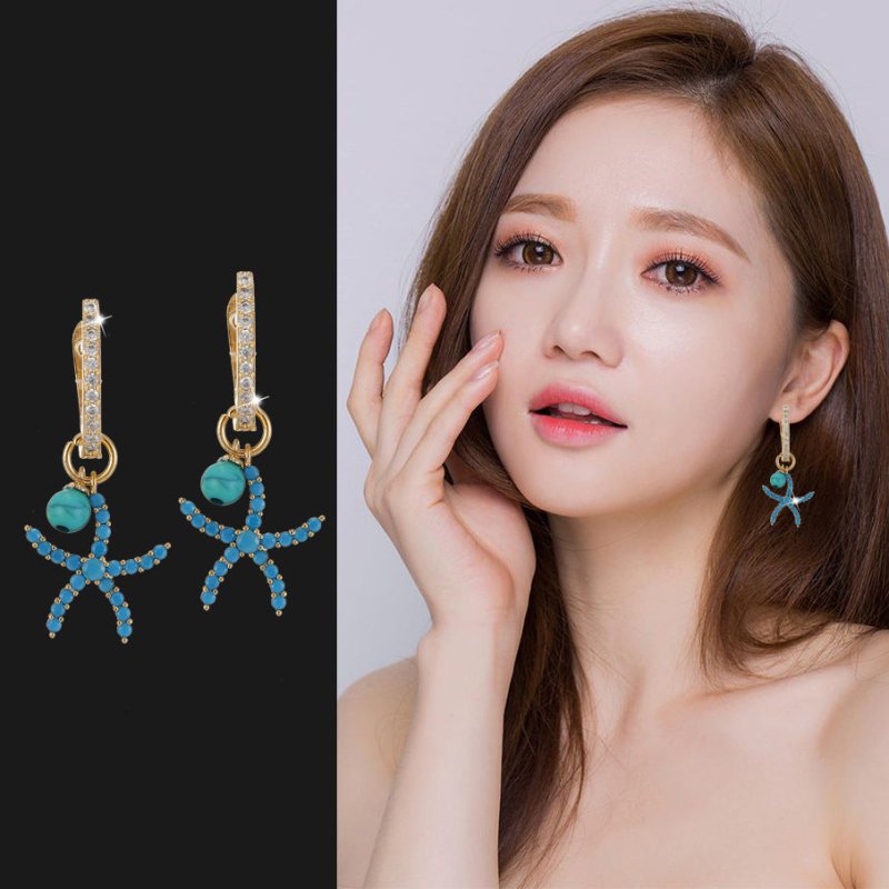 Zircon Blue Starfish Earrings Ear Buckle Women Fashion Simple-Jewearrings