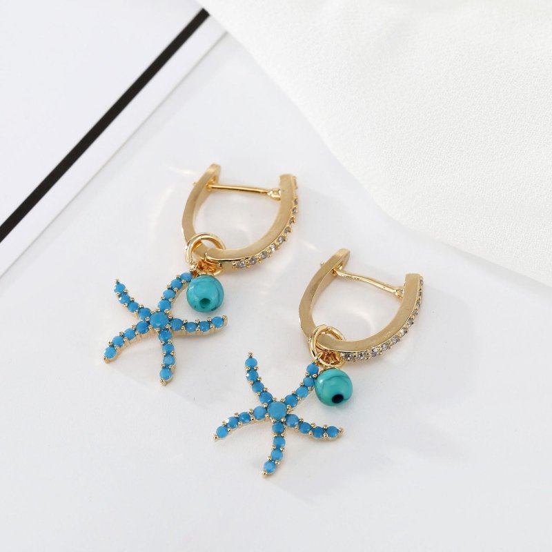 Zircon Blue Starfish Earrings Ear Buckle Women Fashion Simple-Jewearrings