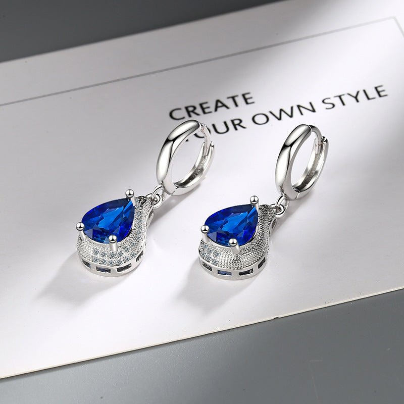 Zircon Water Drop Earrings Women's Simple Royal Blue-Jewearrings